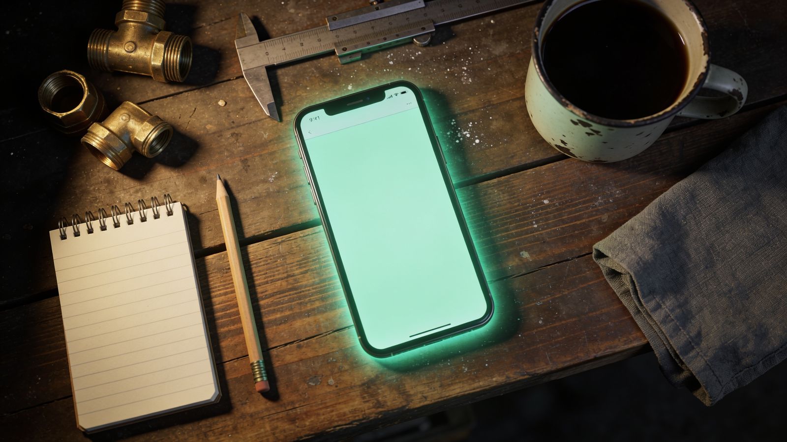 Mesa de trabajo con herramientas, un cuaderno y un celular encendido