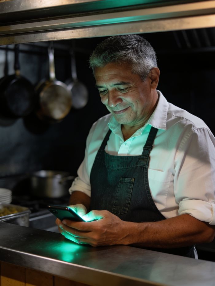 Dueño de un restaurante pequeño mirando el celular en el pase de la cocina