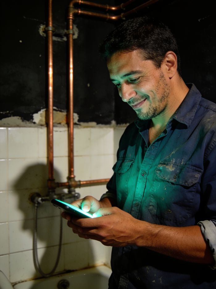 Gasfitero mirando en el celular la cotización de un trabajo, en un baño en obra
