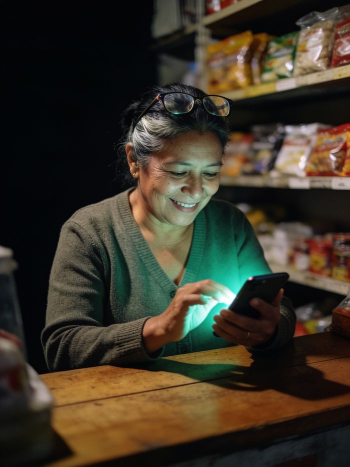 Dueña de una tienda de barrio revisando el celular detrás del mostrador